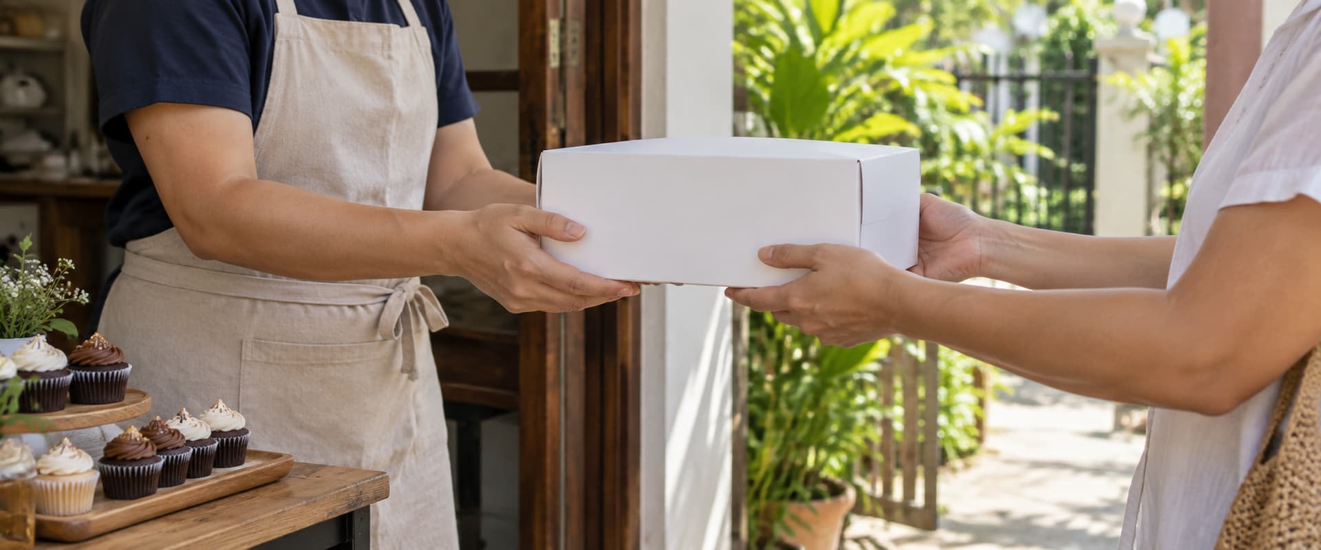 A baker handing a boxed cake to a customer at the door, with cupcakes on a table beside them
