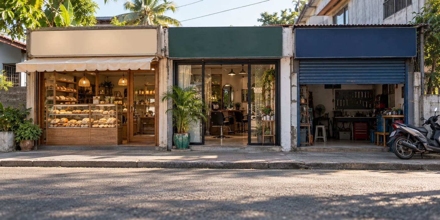 A small town street with a bakery, a salon and a repair shop side by side