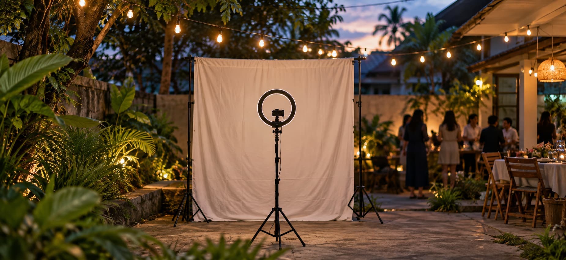 Open-air photobooth with a ring light and a plain backdrop under string lights, with guests gathering in the background