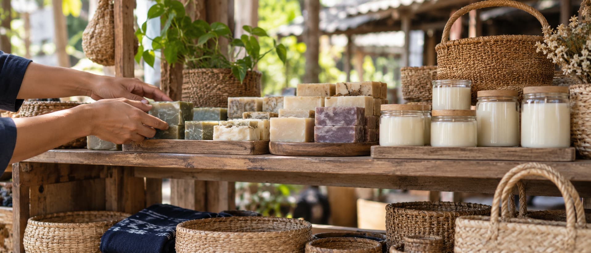 A market stall with handmade soaps, candles and woven baskets on wooden shelves