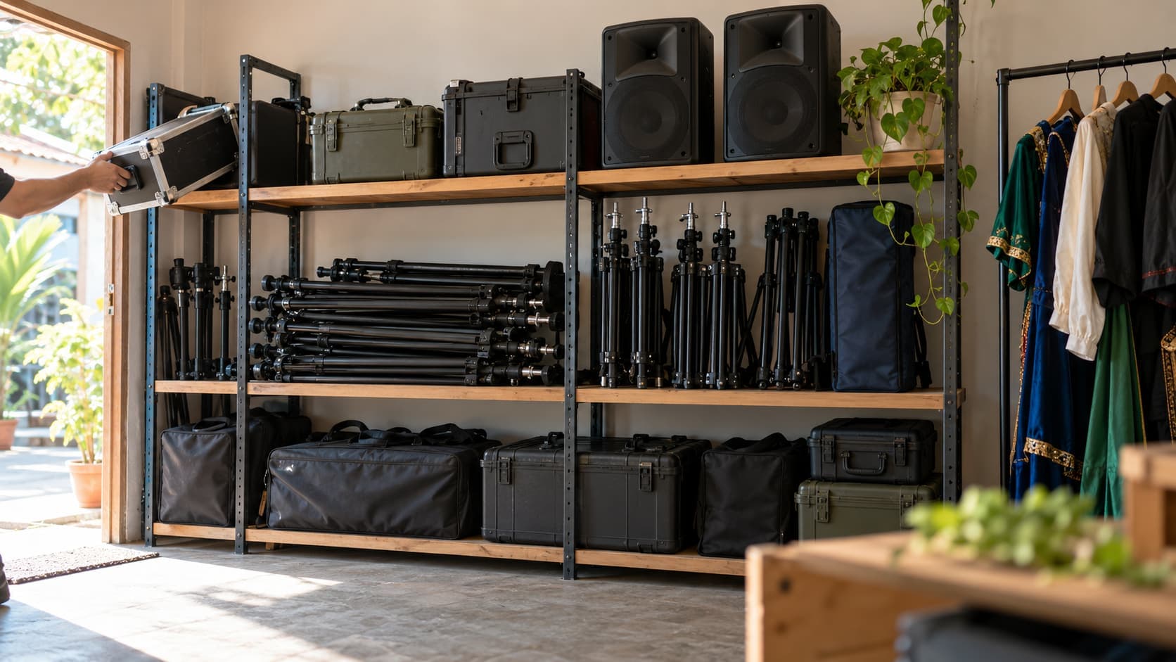 A rental storeroom with lighting stands, tripods, speakers, cases and a costume rack