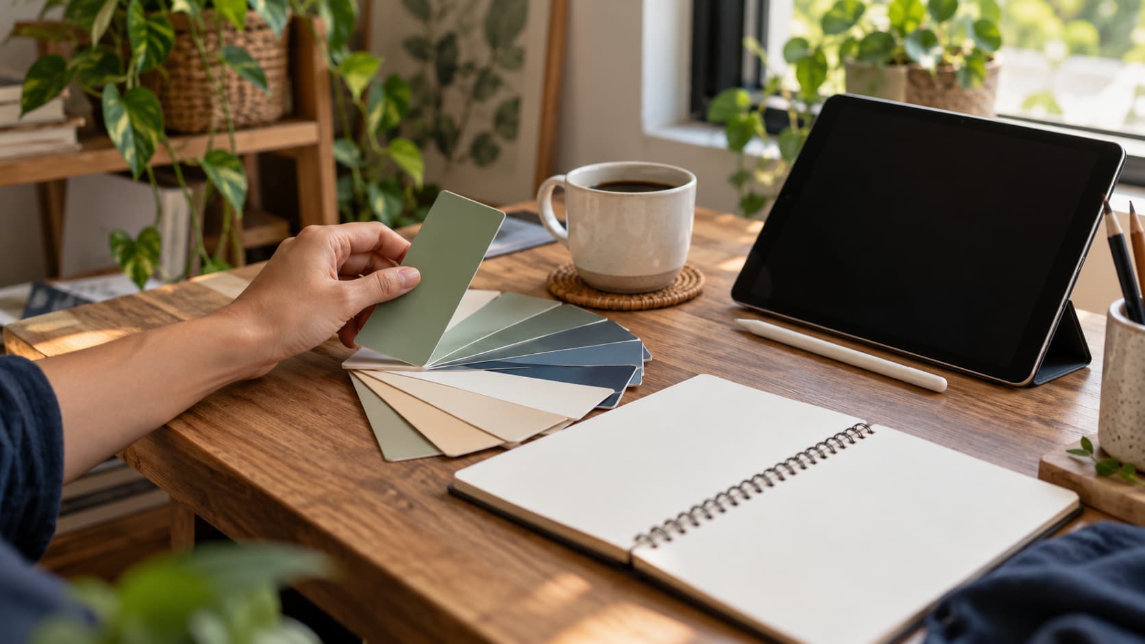 A designer's desk with color swatches, a notebook, a tablet and a cup of coffee