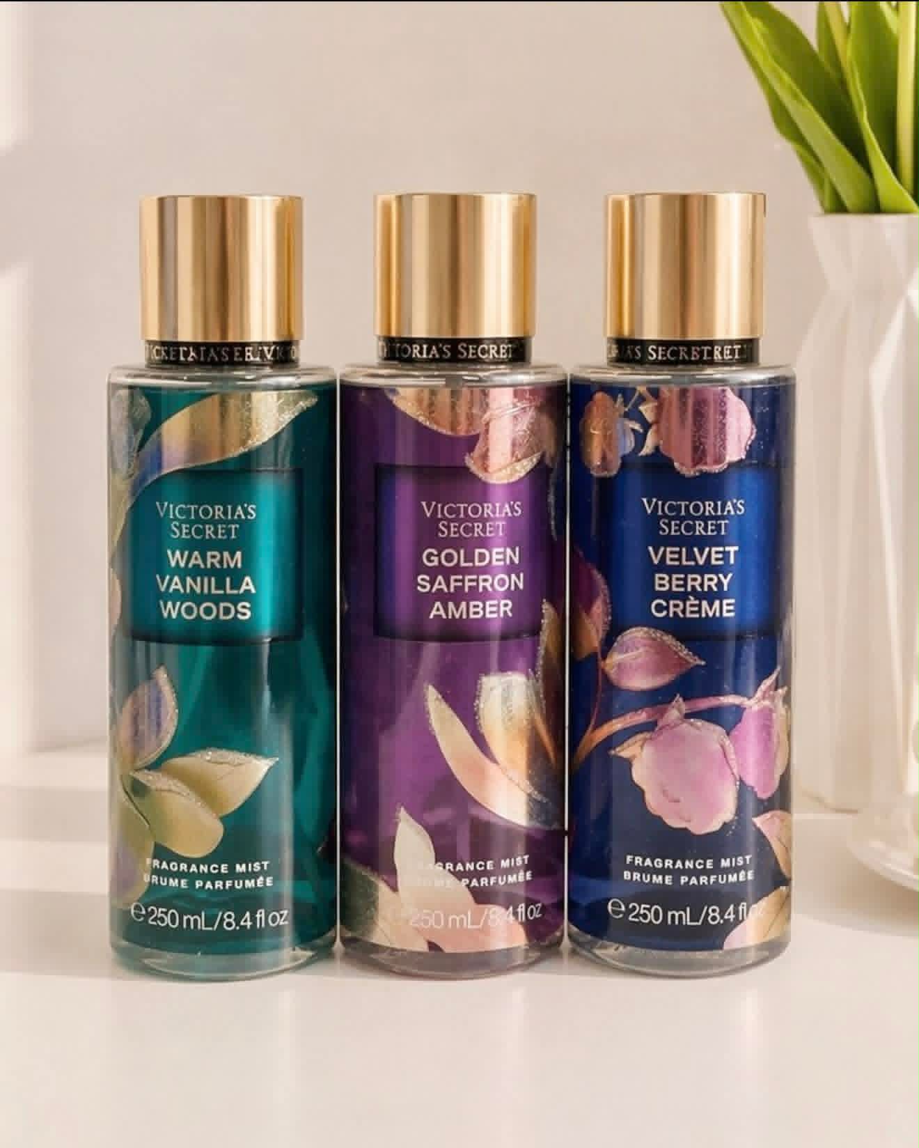 Victoria’s Secret Fragrance Mist Set – Warm Vanilla Woods, Golden Saffron Amber & Velvet Berry Creme