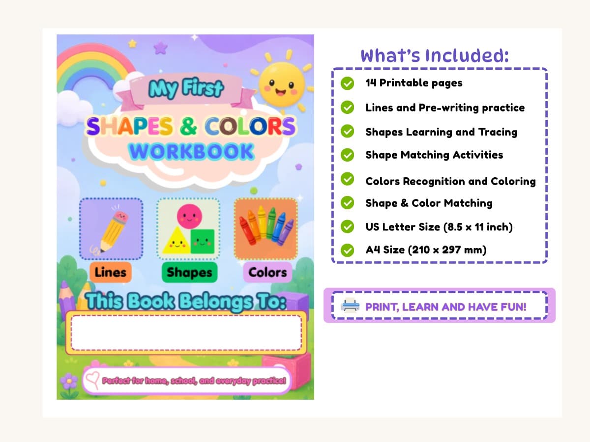 My First Shapes & Colors Workbook — 14 Printable Pages (A4 & US Letter) — Preschool Tracing & Coloring PDF
